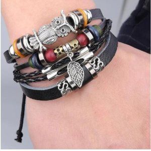3x Boho Owl Leaf Leather Bracelets